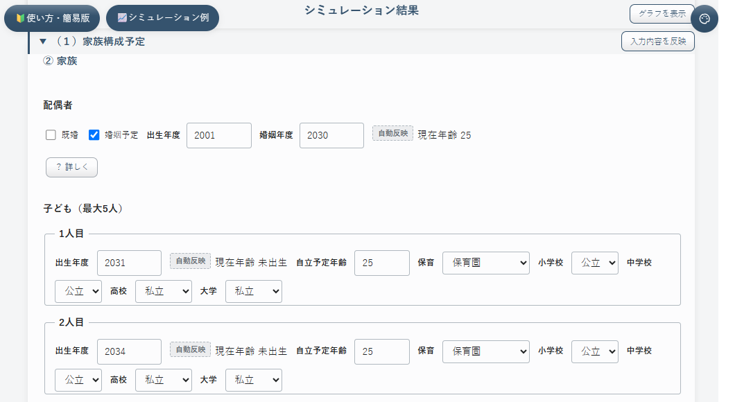 「②家族」カードで配偶者の婚姻予定・子ども2人分の出生年度等を入力した画面