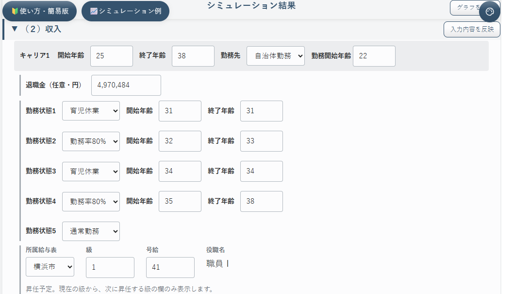 配偶者のキャリア1（横浜市勤務、育休・時短勤務の設定）の入力画面