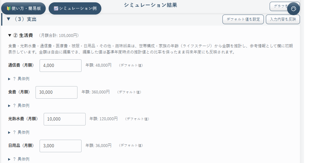 生活費のデフォルト値を利用した入力画面