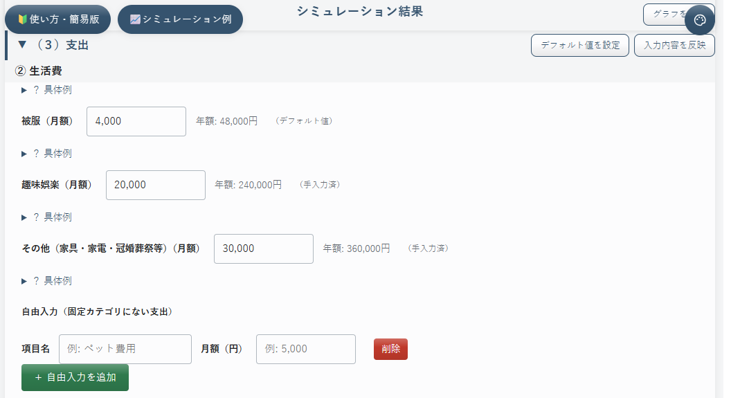 趣味娯楽・その他の月額を手入力した画面