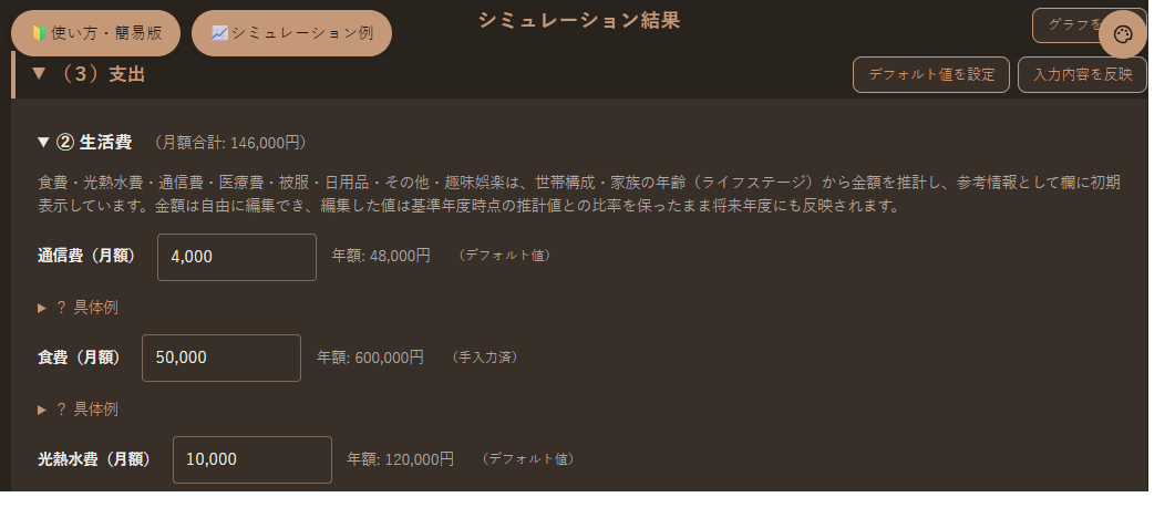 生活費（食費）を月30,000円から月50,000円へ変更した入力画面